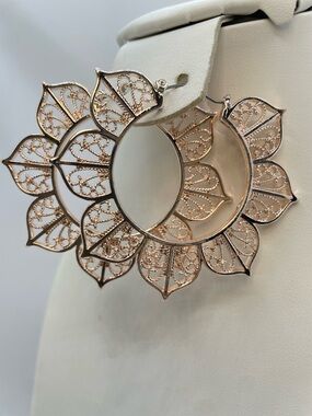 Gold Tone Filigree Hoop Earrings Large Statement Boho Chic Lightweight